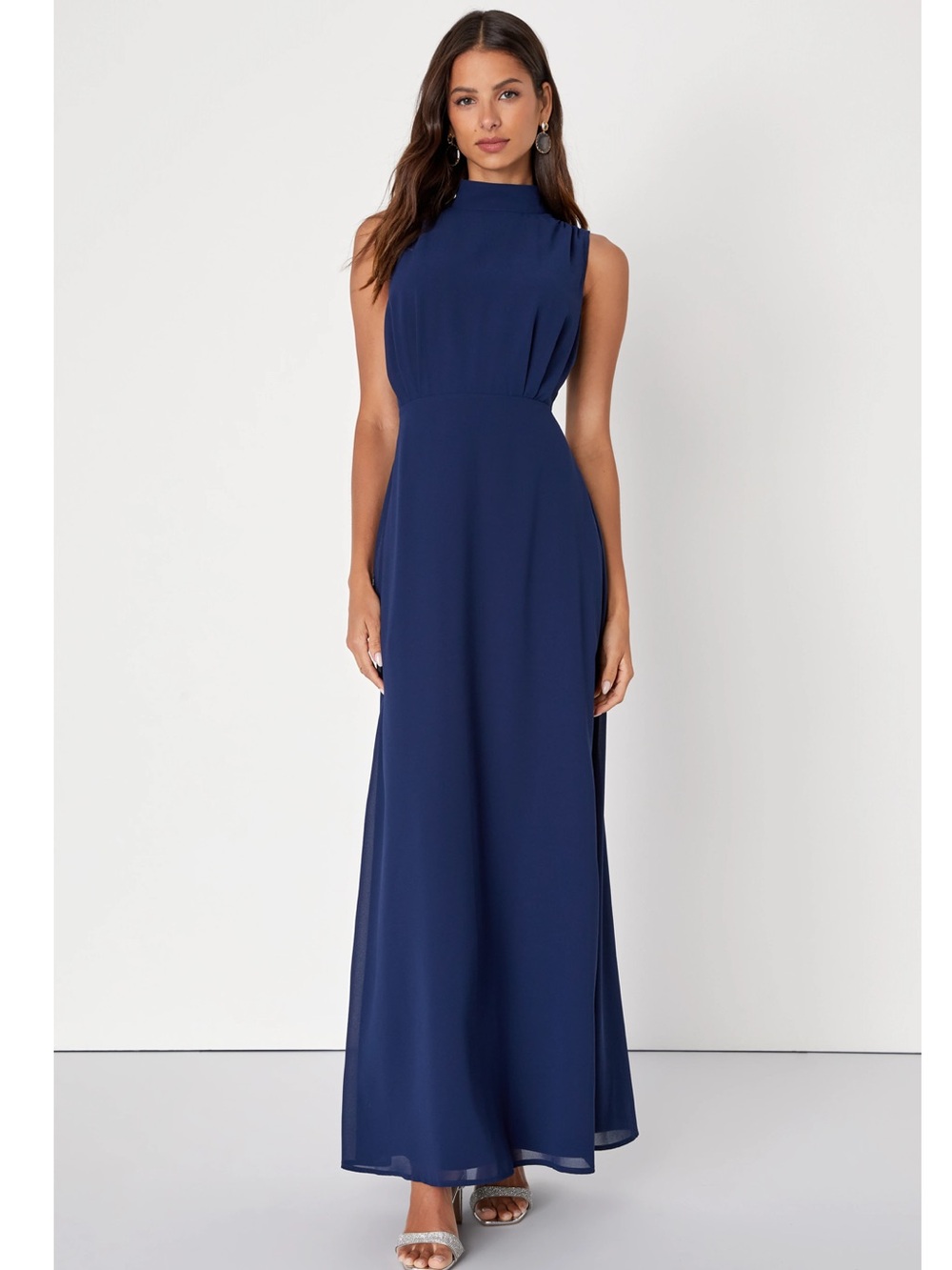 Lulus Classic Elegance Navy Chiffon Sleeveless Mock-Neck Maxi Dress Event XS NWT
